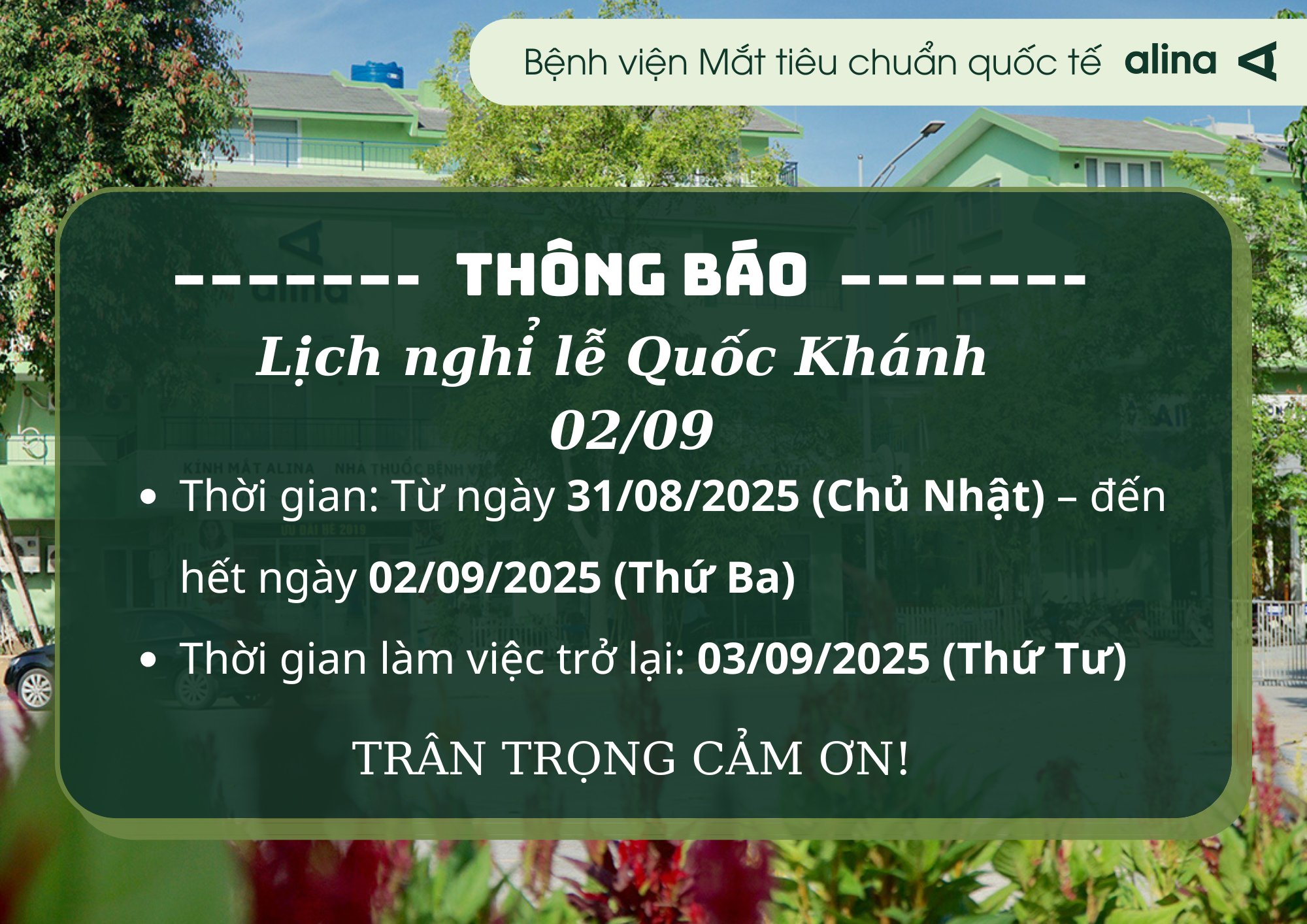 Thông báo lịch nghỉ lễ Quốc Khánh (02/09) 2025