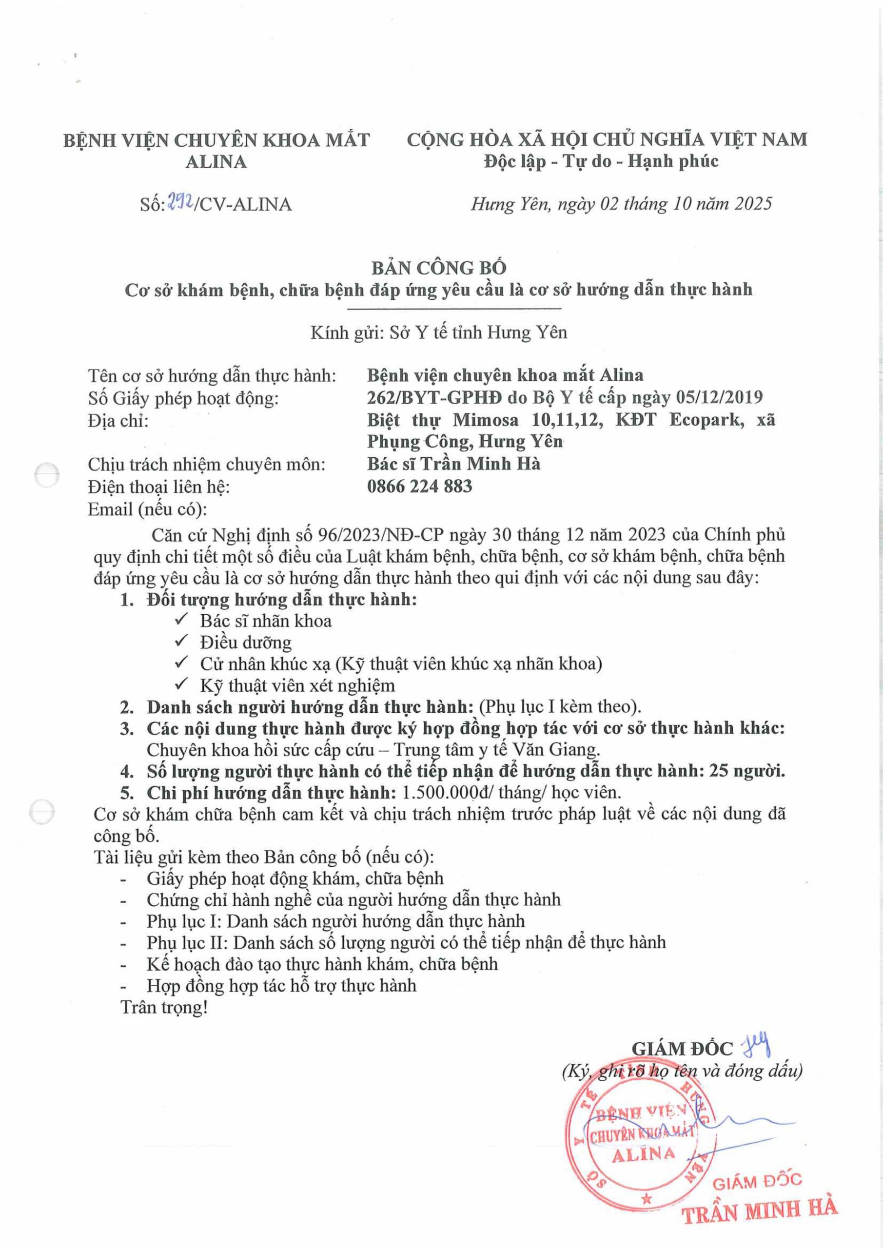 Alina công bố cơ sở đủ điều kiện hướng dẫn thực hành hình ảnh 0