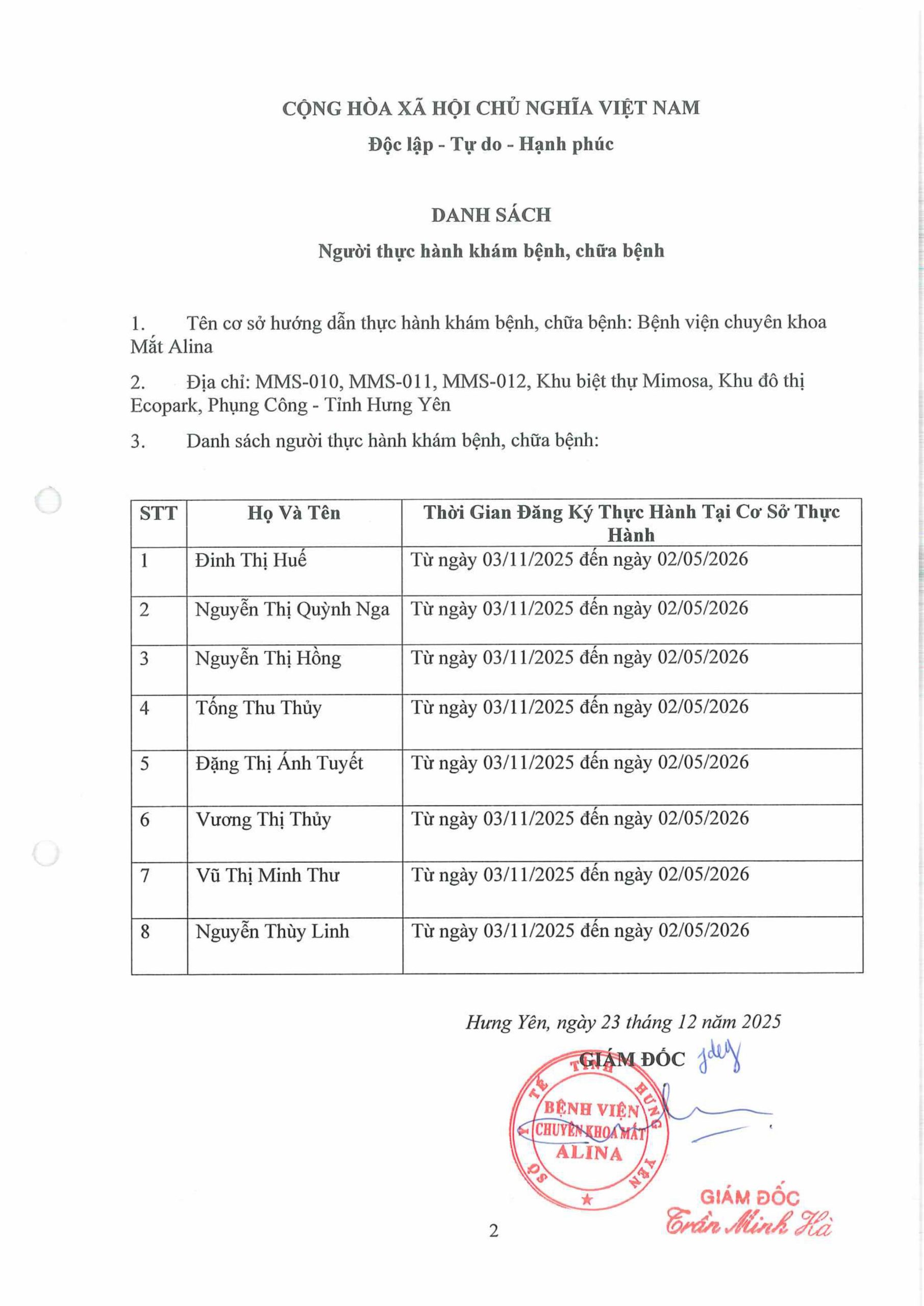 Danh sách người thực hành khám bệnh, chữa bệnh tại Bệnh viện chuyên khoa Mắt Alina