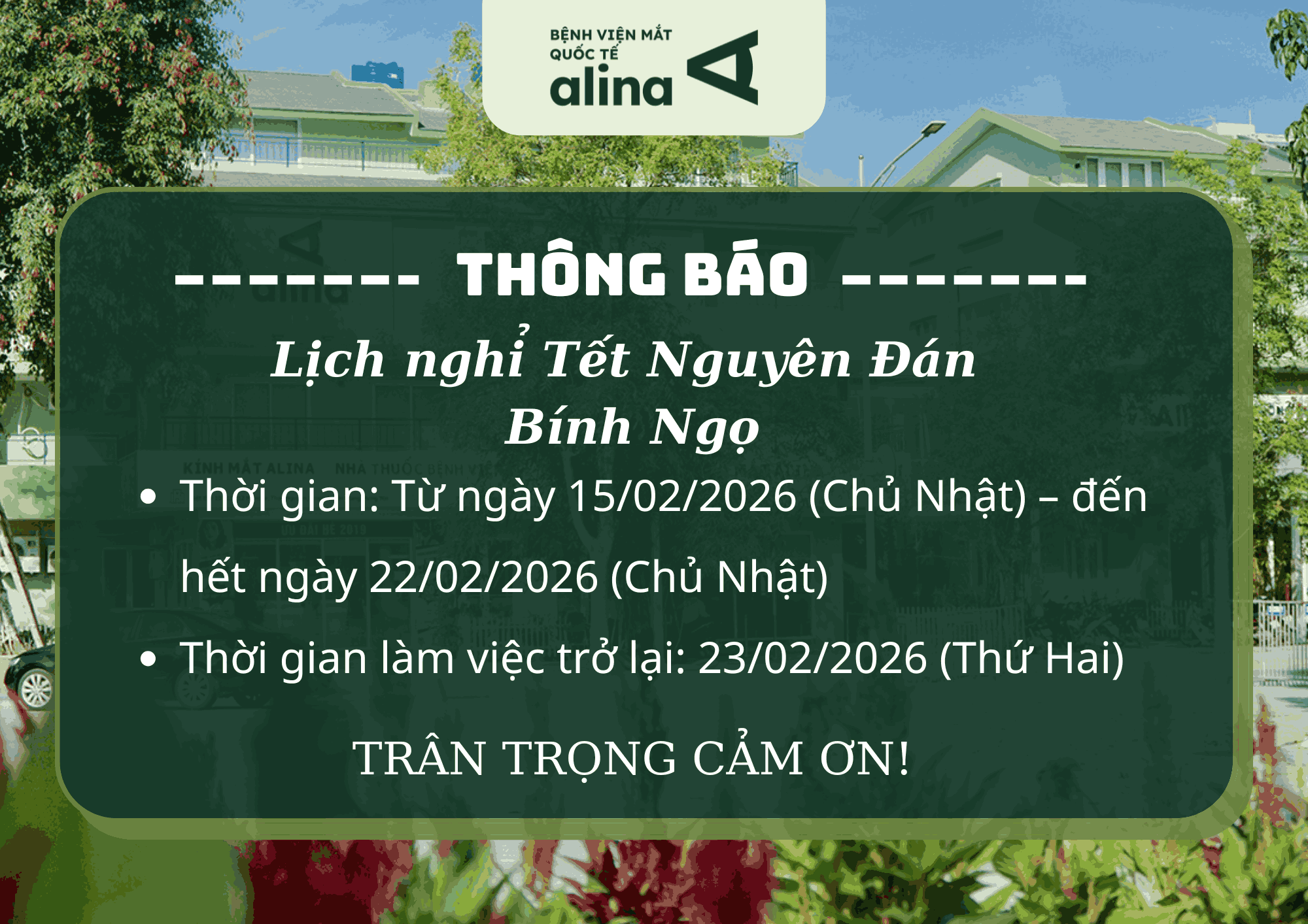 Thông báo lịch nghỉ Tết Nguyên Đán Bính Ngọ 2026 – Bệnh viện Mắt Alina