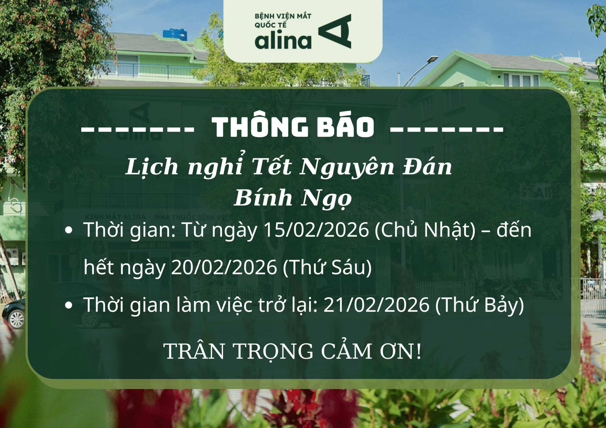 Thông báo lịch nghỉ Tết Nguyên Đán Bính Ngọ 2026 – Bệnh viện Mắt Alina
