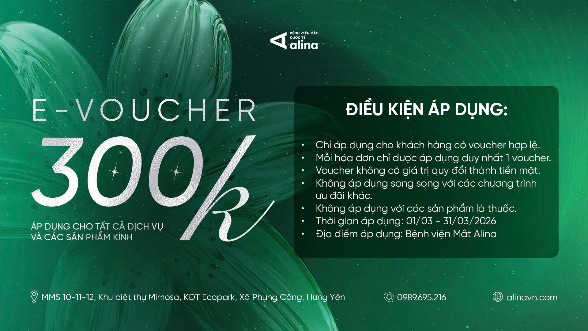 Voucher 300.000đ áp dụng cho các dịch vụ chăm sóc mắt tại Alina nhân dịp chào mừng Ngày Quốc tế Phụ nữ 8/3